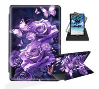 ETLKJVBL for Amamzon Kindle Fire HD 8 2016/2017/ 2018 Case, 360 Degree Rotating, Auto Sleep/Wake, Purple Roses Butterflies Flower Exquisite Leather Case for Amamzon Kindle Fire HD 8 2018