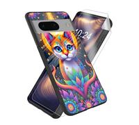 ETLKJVBL for Google Pixel 7A Case, Colorful Cat Art High-Definition Painted Glass Back Cover with Soft Silicone TPU Bumper, Shockproof Protective