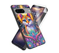 ETLKJVBL for Google Pixel 8 Case, Colorful Cat Art High-Definition Painted Glass Back Cover with Soft Silicone TPU Bumper, Shockproof Protective