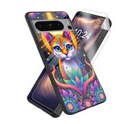 ETLKJVBL for Google Pixel 8 Pro Case, Colorful Cat Art High-Definition Painted Glass Back Cover with Soft Silicone TPU Bumper, Shockproof Protective