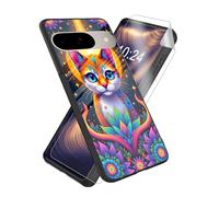 ETLKJVBL for Google Pixel 9 Case, Colorful Cat Art High-Definition Painted Glass Back Cover with Soft Silicone TPU Bumper, Shockproof Protective