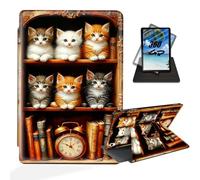 ETLKJVBL for iPad 10th Generation Case, 360 Degree Rotating Stand Cover Multi Angle Viewing, Auto Sleep/Wake, Kittens on Vintage Bookshelf with Clock Leather Case for iPad (A16) 11th Gen 11 Inch 2025