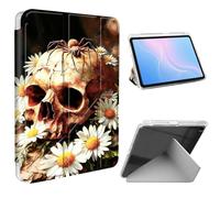 ETLKJVBL for iPad 9th/ 8th/ 7th Generation Case 10.2 Inch, Slim Clear Cover with Pencil Holder, Multi-Angle Y-Stand, Auto Sleep/Wake, Skull with Spider and Daisies Lightweight Tablet Case