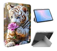 ETLKJVBL for iPad 9th/ 8th/ 7th Generation Case 10.2 Inch, Slim Clear Cover with Pencil Holder, Multi-Angle Y-Stand, Auto Sleep/Wake, White Tiger Cub Smelling Purple Rose Lightweight Tablet Case