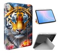 ETLKJVBL for iPad 9th/ 8th/ 7th Generation Case 10.2 Inch, Slim Clear Cover with Pencil Holder, Multi-Angle Y-Stand, Auto Sleep/Wake, Tiger with Blue Eyes and Flowers Lightweight Tablet Case