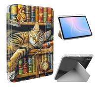 ETLKJVBL for iPad A16 Case, Slim Clear Cover with Pencil Holder, Multi-Angle Y-Stand, Auto Sleep/Wake, Cat Sleeping on Book Lightweight Tablet Case