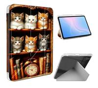 ETLKJVBL for iPad A16 Case, Slim Clear Cover with Pencil Holder, Multi-Angle Y-Stand, Auto Sleep/Wake, Kittens on Vintage Bookshelf with Clock Lightweight Tablet Case