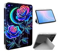 ETLKJVBL for iPad A16 Case, Slim Clear Cover with Pencil Holder, Multi-Angle Y-Stand, Auto Sleep/Wake, Neon Blue Roses Lightweight Tablet Case