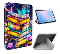 ETLKJVBL for iPad A16 Case, Slim Clear Cover with Pencil Holder, Multi-Angle Y-Stand, Auto Sleep/Wake, Stack of Books Colors Flowers Lightweight Tablet Case