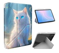 ETLKJVBL for iPad A16 Case, Slim Clear Cover with Pencil Holder, Multi-Angle Y-Stand, Auto Sleep/Wake, White Cat in Enchanted Forest Lightweight Tablet Case