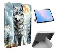 ETLKJVBL for iPad A16 Case, Slim Clear Cover with Pencil Holder, Multi-Angle Y-Stand, Auto Sleep/Wake, Wolf Under Full Moon in Mountains Lightweight Tablet Case