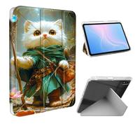 ETLKJVBL for iPad A16 Case, Slim Clear Cover with Pencil Holder, Multi-Angle Y-Stand, Auto Sleep/Wake, White Cat Mage with Staff in Forest Lightweight Tablet Case