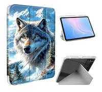 ETLKJVBL for iPad A16 Case, Slim Clear Cover with Pencil Holder, Multi-Angle Y-Stand, Auto Sleep/Wake, Wolf in Snowy Mountains Lightweight Tablet Case
