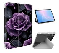 ETLKJVBL for iPad Air 11 Inch Case 2025/2024, Slim Clear Cover with Pencil Holder, Multi-Angle Y-Stand, Auto Sleep/Wake, Purple Roses with Dew Drops Lightweight Tablet Case