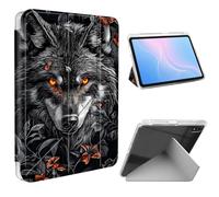 ETLKJVBL for iPad Air 5th/ 4th Generation Case, Slim Clear Cover with Pencil Holder, Multi-Angle Y-Stand, Auto Sleep/Wake, Black Wolf Surrounded by Flowers Lightweight Tablet Case
