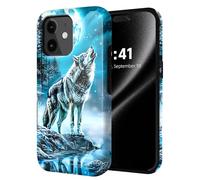 ETLKJVBL for iPhone 12 Case, Wolf Howling at The Moon Hybrid 2-Layer Hard Shell with Shockproof Silicone, Dual-Layer Protective Case for iPhone 12