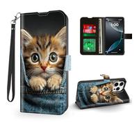 ETLKJVBL for iPhone 14 Pro Max Case Wallet with Card Holder, Tiny Tabby Kitten in Denim Pocket Magnetic Snap and RFID Blocking Leather Flip Cover/Kickstand Phone Case