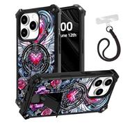 ETLKJVBL for iPhone 15 Pro Case, Hearts Pink Roses Angel Wings ArmorShield Military Grade Shockproof, Hidden Kickstand, Detachable Wrist Strap Protective Cover