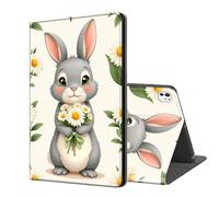 ETLKJVBL for iPhone 15 Pro Max Case Wallet with Card Holder, Gray Bunny Holding Daisy Bouquet Stylish PU Leather Phone Case with Kickstand - Secure RFID Blocking & Magnetic Flip Cover