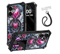 ETLKJVBL for iPhone 16 Plus Case, Hearts Pink Roses Angel Wings ArmorShield Military Grade Shockproof, Hidden Kickstand, Detachable Wrist Strap Protective Cover