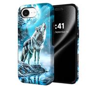 ETLKJVBL for iPhone 16E Case, Wolf Howling at The Moon Hybrid 2-Layer Hard Shell with Shockproof Silicone, Dual-Layer Protective Case for iPhone 16E