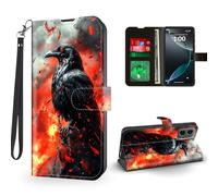 ETLKJVBL for Motorola Edge 2024 Case Wallet with Card Holder, Raven in Fiery Setting Magnetic Snap and RFID Blocking Leather Flip Cover/Kickstand Phone Case