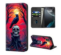 ETLKJVBL for Motorola Edge 5G 2024 Case Wallet with Card Holder, Raven on Skull in Red Sunset Forest Stylish PU Leather Phone Case with Kickstand - Secure RFID Blocking & Magnetic Flip Cover