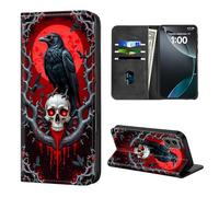 ETLKJVBL for Motorola Edge 5G 2024 Case Wallet with Card Holder, Raven on Skull with Red Moon Stylish PU Leather Phone Case with Kickstand - Secure RFID Blocking & Magnetic Flip Cover