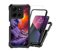 ETLKJVBL for Motorola Moto G 2026 Phone Case with Tempered Glass Screen Protector, Military Grade Shockproof Dual Layer Protection for Style-Conscious, Great Wave at Fiery Red Sunset