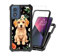 ETLKJVBL for Motorola Moto G 5G 2024 Case with Tempered Glass Screen Protector - Military Grade Shockproof Dual Layer Protection for Style-Conscious Men and Women, Golden Puppy with Daisy Flower
