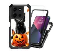 ETLKJVBL for Motorola Moto G Power 2025 Case with Tempered Glass Screen Protector, Military Grade Shockproof Dual Layer Protection for Style-Conscious, Black Kitten on a Pumpkin