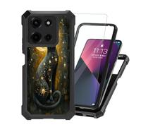 ETLKJVBL for Motorola Moto G Power 2025 Case with Tempered Glass Screen Protector, Military Grade Shockproof Dual Layer Protection for Style-Conscious, Black Cat with Gold Stars and Moon