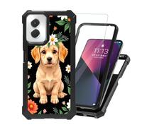 ETLKJVBL for Motorola Moto G Power 5G 2024 Case with Tempered Glass Screen Protector - Military Grade Shockproof Dual Layer Protection for Style, Golden Puppy with Daisy Flower