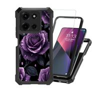 ETLKJVBL for Motorola Moto G Power 5G 2025 Case with Tempered Glass Screen Protector - Military Grade Shockproof Dual Layer Protection for Style, Purple Roses with Dew Drops