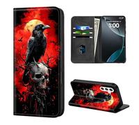 ETLKJVBL for Samsung Galaxy A14 5G Phone Case Wallet with Card Holder, Raven on Skull with Red Moonlight Stylish PU Leather Phone Case with Kickstand - Secure RFID Blocking & Magnetic Flip Cover