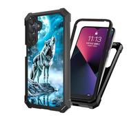 ETLKJVBL for Samsung Galaxy A15 5G Phone Case with Tempered Glass Screen Protector, Military Grade Shockproof Dual Layer Protection for Style, Wolf Howling at The Moon