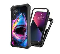 ETLKJVBL for Samsung Galaxy A16 5G Phone Case with Tempered Glass Screen Protector, Military Grade Shockproof Dual Layer Protection for Style-Conscious, Vibrant Neon Shark in Dark Waters