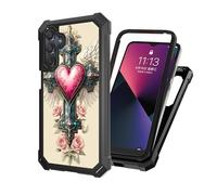 ETLKJVBL for Samsung Galaxy A16 5G Phone Case with Tempered Glass Screen Protector, Military Grade Shockproof Dual Layer Protection for Style-Conscious Men and Women, Ornate Cross with Heart and Wing