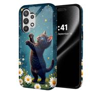 ETLKJVBL for Samsung Galaxy A32 5G Phone Case, Black Cat Reaching for Star Hybrid 2-Layer Hard Shell with Shockproof Silicone, Dual-Layer Protective Case for Samsung Galaxy A32 5G