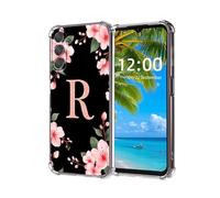 ETLKJVBL for Samsung Galaxy A35 5G Phone Case, Pink Flowers and Glittery R High-Definition Painted Back Cover with Soft Transparent TPU Bumper, Shockproof Protective for A35 5G Case