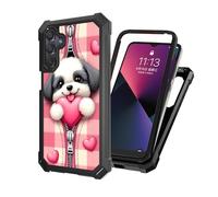 ETLKJVBL for Samsung Galaxy A35 5G Phone Case with Tempered Glass Screen Protector, Military Grade Shockproof Dual Layer Protection for Style, Cute Puppy with Pink Heart