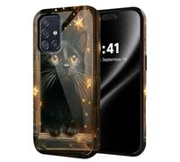ETLKJVBL for Samsung Galaxy A71 5G Phone Case, Black Kitten with Glowing Star Lights Hybrid 2-Layer Hard Shell with Shockproof Silicone, Dual-Layer Protective Case for Samsung Galaxy A71 5G