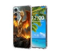 ETLKJVBL for Samsung Galaxy S23 FE Case,Golden Dragon Standing On Fiery Rocks High-Definition Painted Back Cover with Soft Transparent TPU Bumper, Shockproof Protective Case