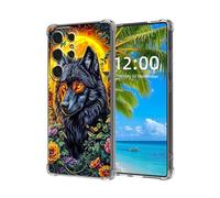 ETLKJVBL for Samsung Galaxy S23 Ultra Case, Black Wolf Framed by Flowers High-Definition Painted Back Cover with Soft Transparent TPU Bumper, Shockproof Protective for S23 Ultra Phone Case