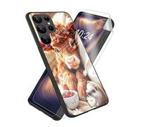 ETLKJVBL for Samsung Galaxy S23 Ultra Case, Chubby Cat with Forest Friends High-Definition Painted Glass Back Cover with Soft Silicone TPU Bumper, Shockproof Protective