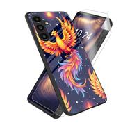 ETLKJVBL for Samsung Galaxy S24 Case, Colorful Phoenix on Starry High-Definition Painted Glass Back Cover with Soft Silicone TPU Bumper, Shockproof Protective