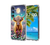 ETLKJVBL for Samsung Galaxy S24 FE Case, Highland Cow in Moonlit Flower Meadow High-Definition Painted Back Cover with Soft Transparent TPU Bumper, Shockproof Protective for S24 FE Phone Case