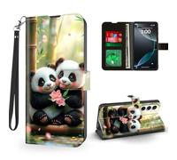 ETLKJVBL for Samsung Galaxy S24 FE Case Wallet with Card Holder, Pandas with Flowers in Bamboo Forest Magnetic Snap and RFID Blocking Leather Flip Cover/Kickstand Phone Case