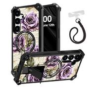 ETLKJVBL for Samsung Galaxy S24 FE Case, Watercolor Paint of Purple Roses ArmorShield Military Grade Shockproof, Hidden Kickstand, Detachable Wrist Strap Protective Cover