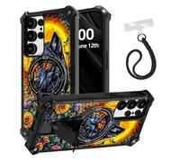 ETLKJVBL for Samsung Galaxy S24 Ultra Case, Black Wolf Framed by Flowers ArmorShield Military Grade Shockproof, Hidden Kickstand, Detachable Wrist Strap Protective Cover